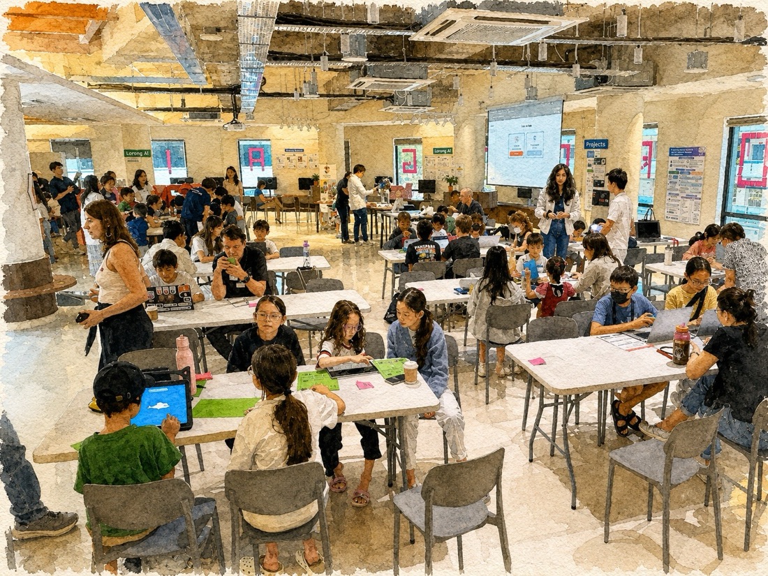 Kids building at laptops and tablets with paper worksheets
