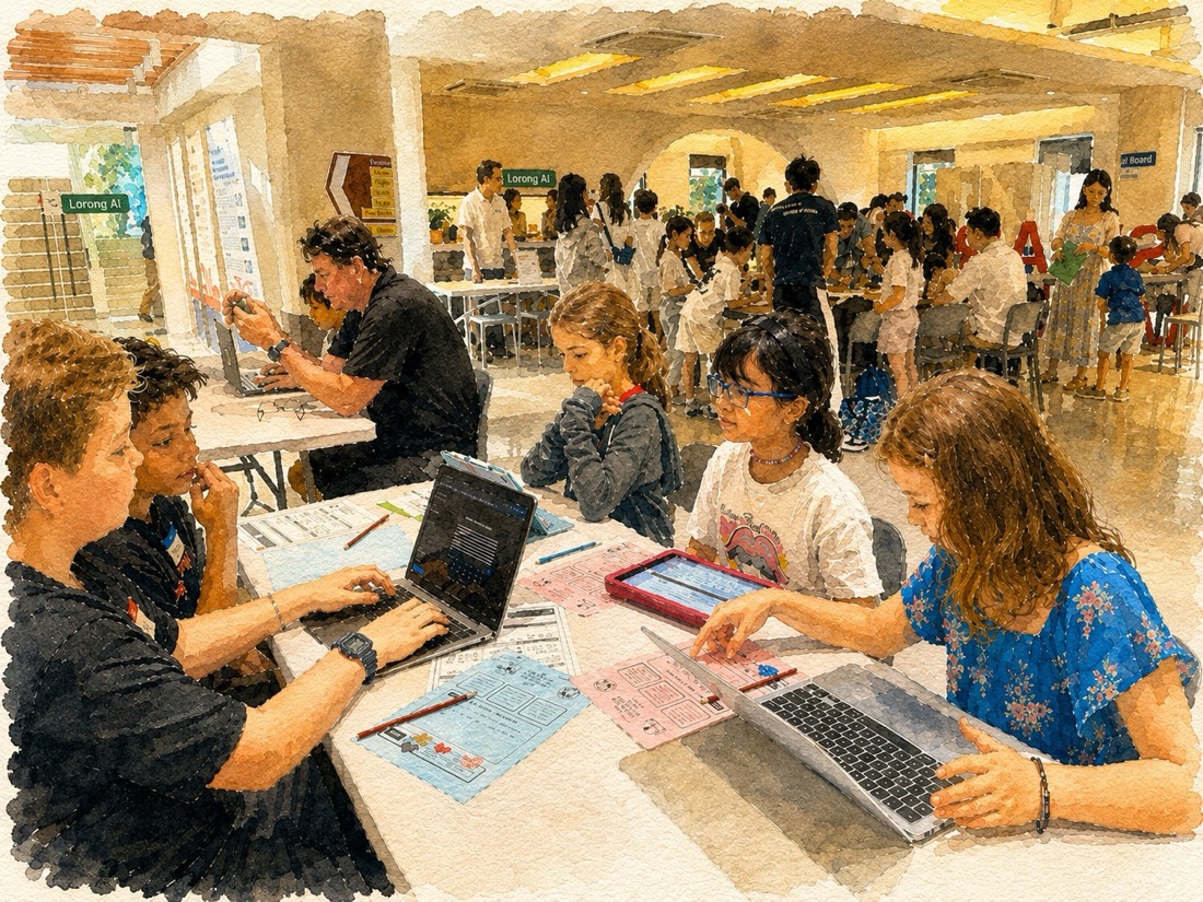 A room full of kids and parents working at tables during the event