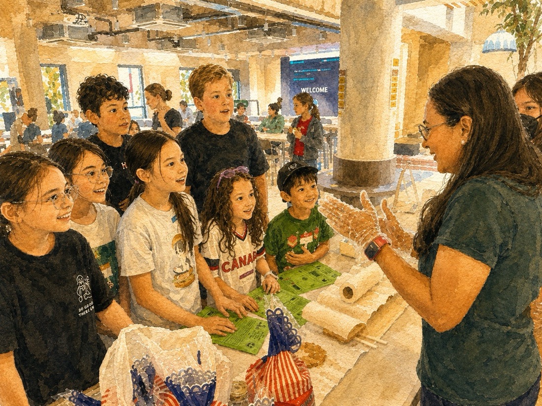 Smiling kids gathered around a volunteer host demonstrating a hands-on build