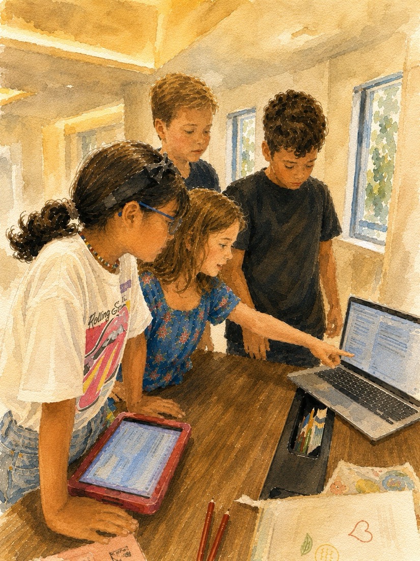 Four kids gathered around a laptop at a Builder's First event, one pointing at the screen
